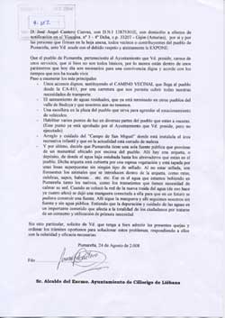 Escrito presentado en el Ayuntamiento de Cillorigo en el aņo 2008