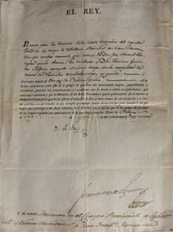 Orden de S.M. el Rey donde nombra a D. Francisco Gutiérrez, Alferez del Segundo Escuadrón del Cuerpo de Caballería Provincial  del  Nuevo Santander en San Luis de Potosí (México). Año 1.815